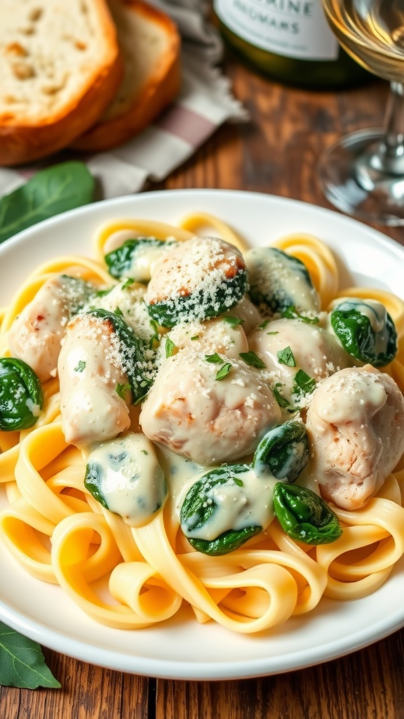 Creamy spinach chicken alfredo pasta with chicken pieces and spinach, garnished with parsley and Parmesan cheese on a rustic table.